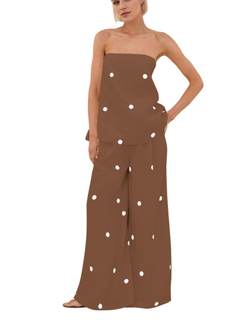 calbatic Women Polka Dot 2 Piece Outfits Spot Strapless Tube Top High Waist Wide Leg…