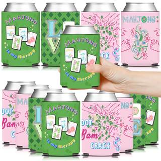 12 Pcs Mahjong Party Can Coolers, Pink and Green Mahjong Can Sleeve for Mahjong Gifts…