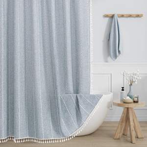 MitoVilla Blue Boho Fabric Shower Curtain, Modern Farmhouse Polyester Linen Shower…