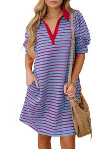 BLENCOT Women's Casual Polo V Neck T Shirt Striped Dress Summer Puff Short Sleeve MIdi…
