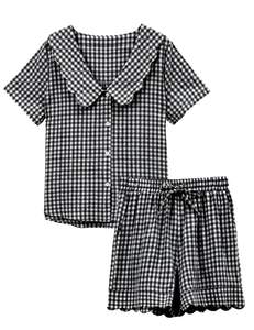 Tanming Womens Plaid 2 Piece Pajamas Sets Short Sleeve Babydoll Shirt Shorts Gingham…