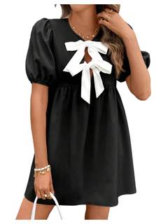 SweatyRocks Women's Bow Puff Short Sleeve Dress Tie Front A Line Babydoll Dresses X-Small…