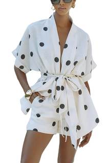 THLAI Polka Dot 2 Piece Short Sets for Women Short Sleeve Kimono Top and Shorts Casual…