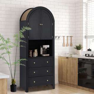 Bifins 71” Tall Arched Storage Cabinet with Drawer,Farmhouse Black Arched Bookcase with…