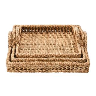 Creative Co-Op Set of 3 Decorative Water Hyacinth & Rattan Trays with Handles, Natural…