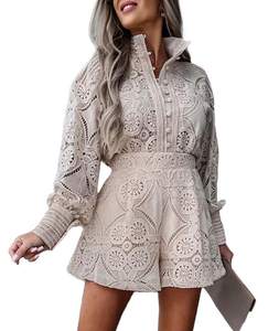 SOMTHRON Womens Eyelet Lace Two Piece Outfits Blouse Tops Shorts Set | Floral Embroidery…