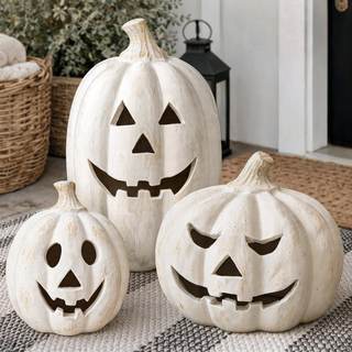 Fall Decor - White Handmade Terracotta Pumpkin Jack O' Lantern Indoor | 7.5"H Artisan…