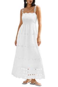 dowerme Womens Spaghetti Strap Eyelet Cotton Boho Maxi Dress | Summer Casual Square Neck…
