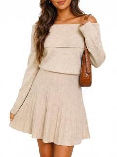 Wenrine Womens Off The Shoulder Sweater Dress Knit Pleated Mini Dresses | Long…