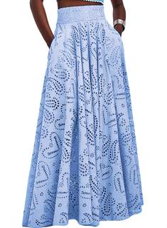 Women Fall Long Maxi Eyelet Embroidered Party Club Pleated Cute Ladies Skirt Blue X-Large