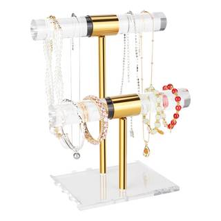 Necklace Holder Bracelet Holder, 2-Tier Acrylic Jewelry Display Stand Gold Jewelry Tower…
