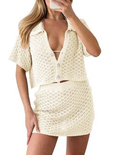 Saodimallsu Womens 2 Piece Cover Up Set Crochet Beach Summer Knit Button Short Sleeve…