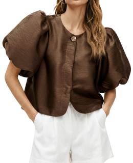 Cicy Bell Womens Silk Satin Shirts Puff Sleeve Button Down Dressy Blouses | Trendy Crop…