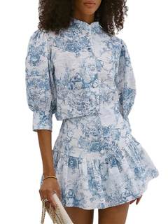 THLAI Women 2 Piece Outfits Skirt Sets Floral Print Button Down Bishop Sleeve Shirt Top…