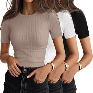 Ficerd 3 Pack Women's Ribbed T-Shirts | Cotton Short Sleeve, Basic Tees, Crewneck, Slim…