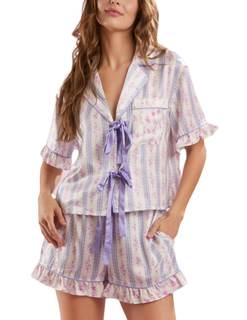 Womens Cute Bow Tie Front Pajamas Y2k Satin Floral Coquette Ruffle Pjs | Silk Puff Sleeve…
