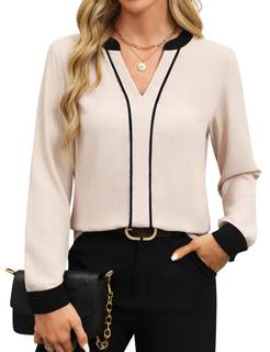 Fayenne Womens Tops Dressy Casual V Neck Color Block Business Casual Blouses Long Sleeve…