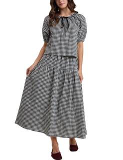 Womens Gingham 2 Piece Set Tie Front Puff Sleeve Midi Skirt