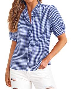 siliteelon Women Plaid Shirt Gingham Short Sleeve Top Button Down Ruffle V Neck Dress…