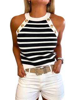 CHICME Womens Tank Tops Knit High Neck Striped Shirt | Womens Tops Ribbed Knit Sleeveless…
