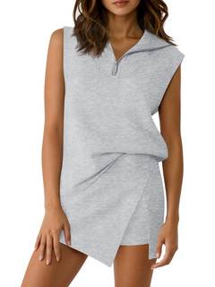 Fisoew Womens 2 Piece Skirt Sets Summer Sleeveless Half Zip Sweatshirt Athletic Skorts…
