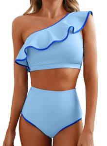Herseas Women's One Shoulder Bikini Sets Ruffle Hem High Waisted Swimsuits | Removable…