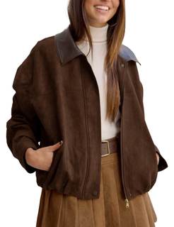 Womens Faux Suede Bomber Jacket Casual Lapel Pilot Cropped Jackets Oversized Motorcycle…