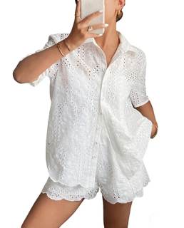CHARTOU Eyelet Two Piece Short Sets for Women Button Down Shirt with Lace Embroidered…