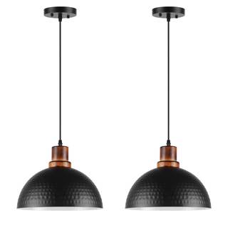 Black and Wood Pendant Lights 2 Pack, 11.8" Hammered Metal Dome Pendant Light Fixture…