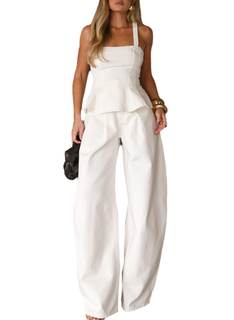 Wuitrie Women 2 Piece Outfits Sleeveless Strap Peplum Tops Wide Leg Pants Going Out…