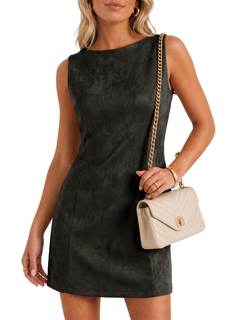 Wenrine Womens Suede Mini Dress Fall A Line Zipper Slim Party Dresses | Faux Suede…