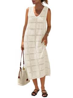 Fisoew Womens Crochet Sleeveless Dress V Neck Boho Cover Up Midi Tank Dress | Casual…