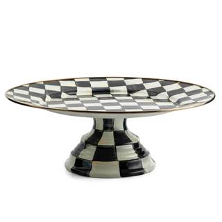 MACKENZIE-CHILDS Pedestal Platter, Large, Black-and-White Courtly Check | Hand-painted…