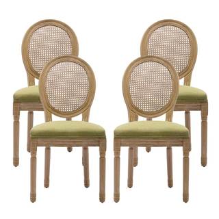 Olive Green French Country Dining Chairs Set of 4, Round Rattan Back | Soft fabric; solid…