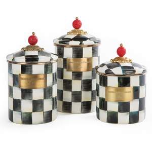 MACKENZIE-CHILDS Enamel Canister Set, Black-and-White Courtly Check | Hand-painted…
