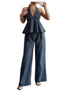 OYOANGLE Women's 2 Piece Striped Outfits Summer Halter Top and Pants Sets | Ruffle Peplum…