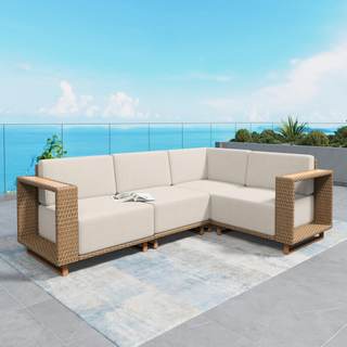 4pcs L-Shape Patio Furniture, Outdoor Sectional with 10" Thick Cushion | Yellow Rattan…
