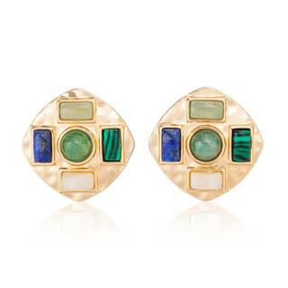 Geometric Large Stud Statement Earrings, Gold Tone Square Stud with Multi-Color Gemstone…