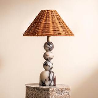 Calacatta Marble Stacked Ball Table Lamp - Hand-Woven Rattan Shade, 15" Stone Margot…
