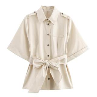 KEOMUD Women's Spring Fall Button Down Shirt with Belt,Casual Short Sleeve Blouse Tops…