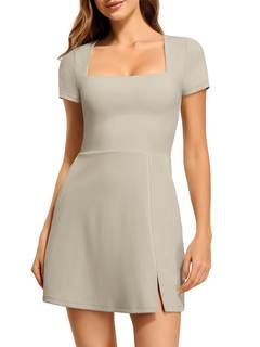 Womens Square Neck Tennis Dress Short Sleeve Built in Shorts Golf Athletic Dress with…