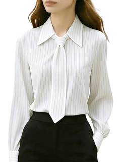 utcoco Women's Striped Button Down Shirts Work Office Tie Neck Long Sleeve Dress Shirt…