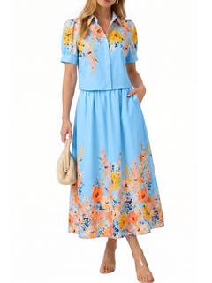Tankaneo Womens 2 Piece Floral Cropped Tops Maxi Skirts Matching Sets | Short Puff Sleeve…