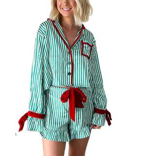 SOOKABEILA Women Christmas 2 Piece Pajamas Set Y2k Bow Tie Long Sleeve Shirt Wide Leg…