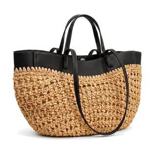 Straw Beach Bags for Women, Boho Summer Purse Tote with PU Shoulder Strap Black