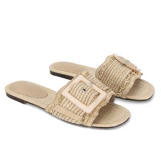 ZJGZF Raffia Sandals for Women Buckle Straw flats Woven Braided Rattan Slides Summer…