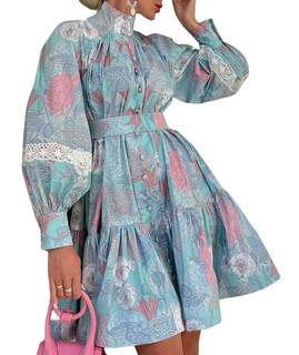 xxxiticat Women's Floral Print Ruffle Dress Long Lantern Sleeve High Neck Button Down…