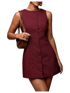 SOLY HUX Women's Plaid Button Down Dress Crew Neck Sleeveless Tie Back Work Office Mini…
