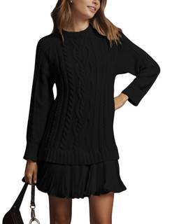 MINSURE Women Cable Knit Sweater Dress Crewneck Long Sleeve Pleated Mini Dress Twofer…