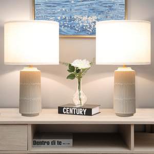 SOTTAE 23" Modern Ceramic Table Lamps with White Fabric Shade Set of 2, White Table Lamps…